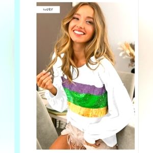 WHITE LS Bibi Mardi Gras sequined top